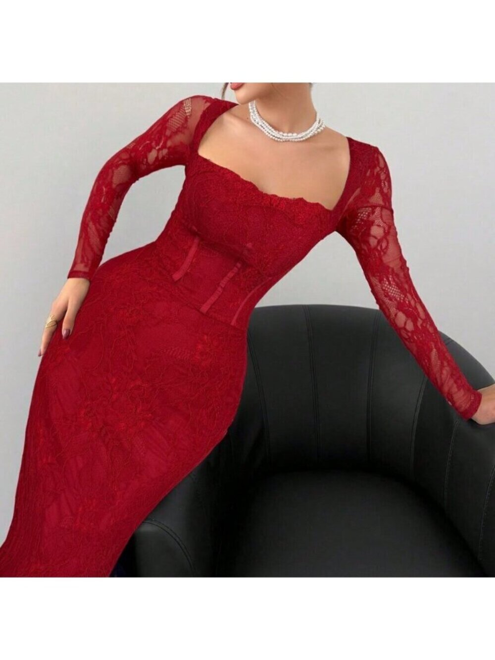 Burgundy Casual Women's Date Night Lace Long Sleeve Square Neck Bodycon Dress